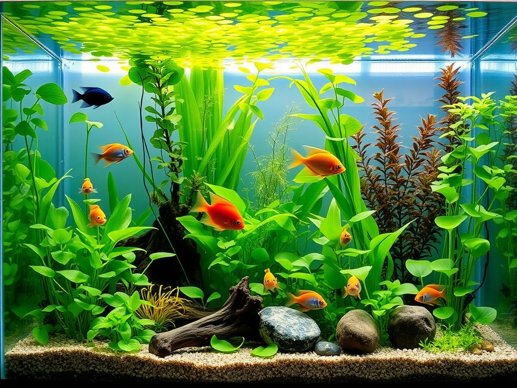 A beautifully arranged aquarium featuring lush green duckweed thriving on the water surface, accompanied by compatible fish species swimming below. The setup includes ideal water conditions with calm, warm temperatures, a spacious tank with a lid, gentle filtration, fine gravel substrate, floating plants, and natural daylight mimicking lighting to enhance photosynthesis and create a balanced ecosystem.