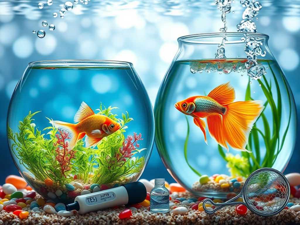A colorful image depicting Betta and Goldfish swimming in a well-maintained fish bowl, highlighting the importance of proper filtration, regular water changes, and the suitable number of fish per gallon of water to ensure the welfare of aquatic pets.